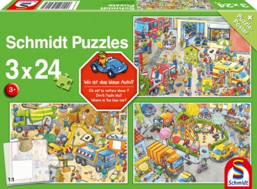 Schmidt-Spiele 56416 Kinderpuzzle - Wo ist das blaue Auto? 3x24 Teile