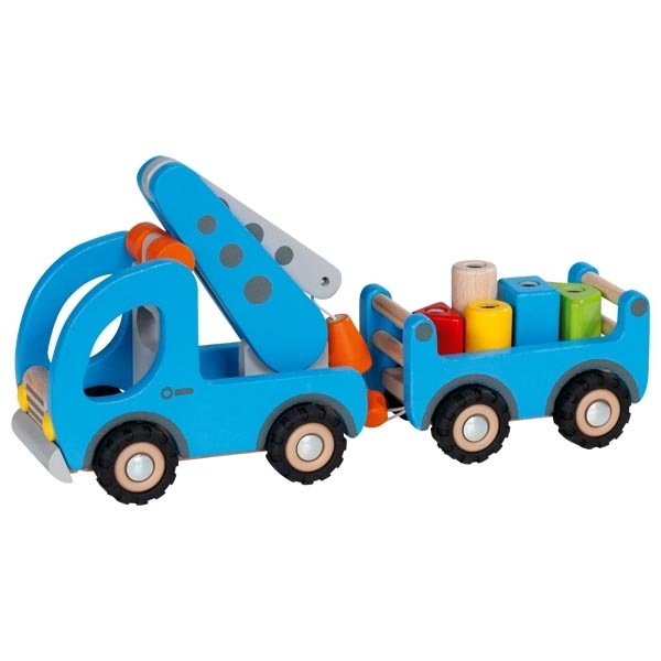 Goki 55875 Kranwagen mit Anhänger aus Holz